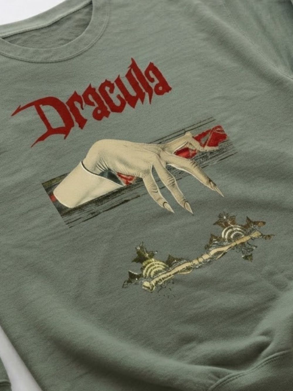 Military Green Dracula Graphic Sweatshirt with Red and Cream Art - Picture 2 of 3